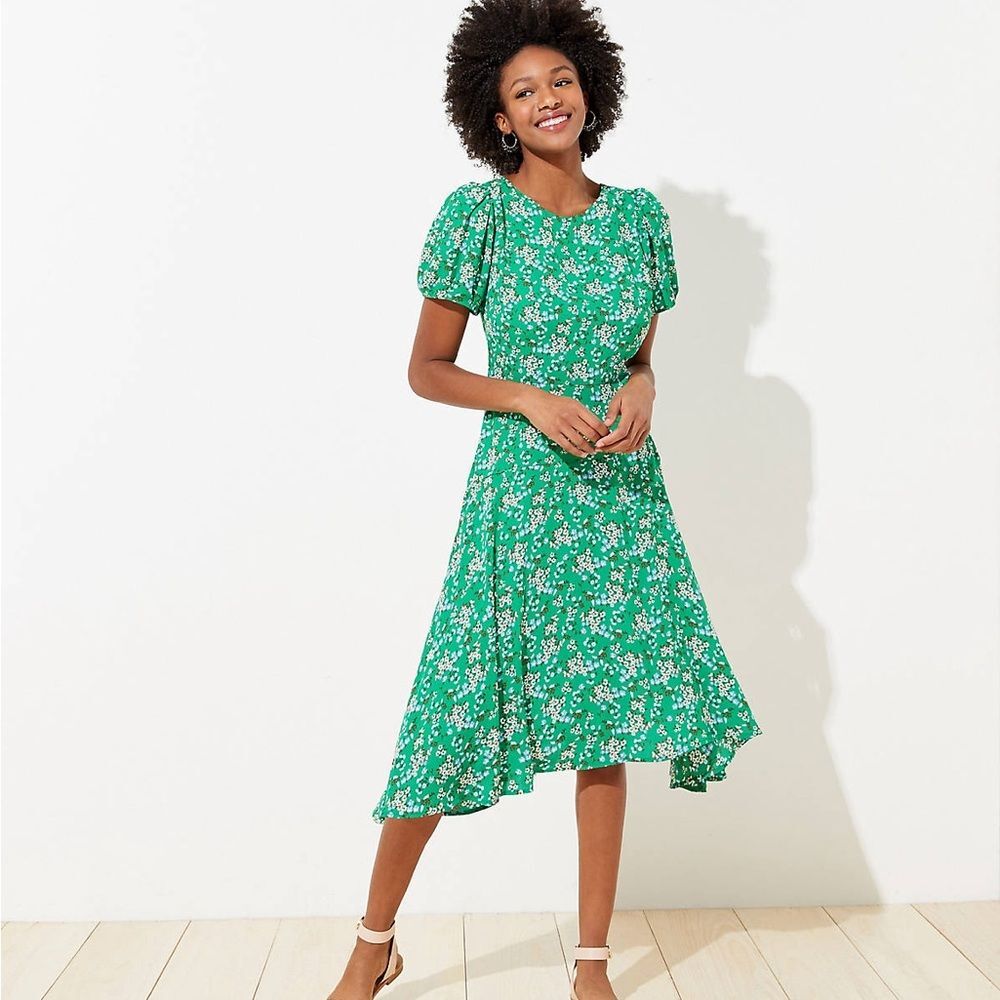 LOFT Green Floral Buttercup Puff Sleeve Flounce Midi Dress, Size 0 NWOT